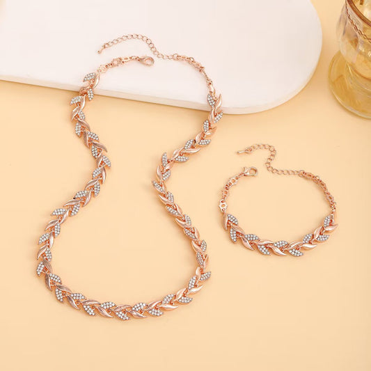 Luxury Leaf Design Rhinestone 2pc. Matching Bracelet and Necklace SET in Gorgeous Rose Gold, Gold, & Silver