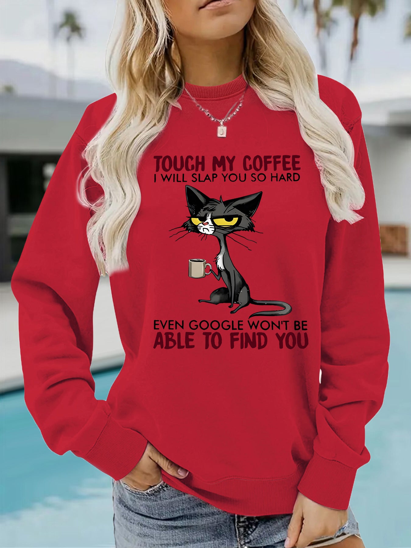 Women's Seasonal Warm Casual Sweatshirt with Humorous Cat COFFEE Graphic ☕️ 😻