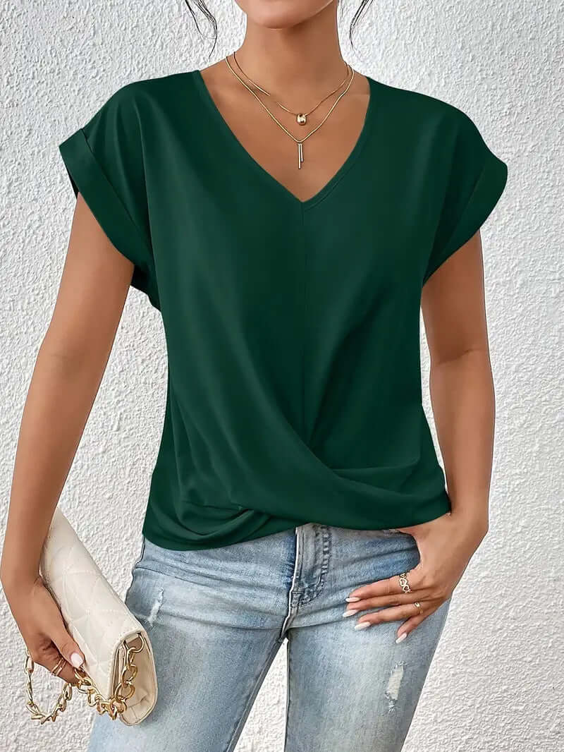 Women's Sleek Pleated V-neck T-shirt in a Multitude of Gorgeous Color Options 🌈 🤩