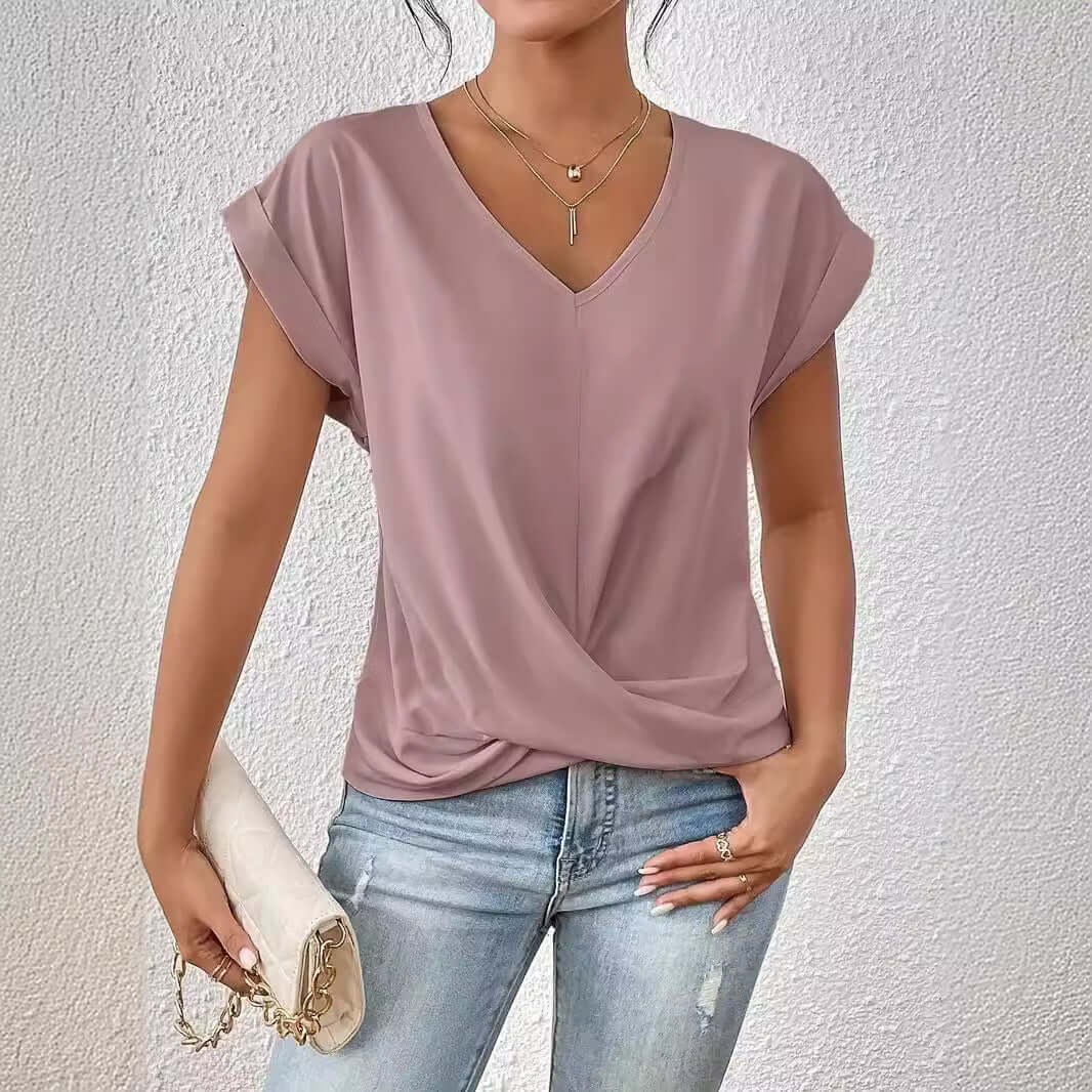 Women's Sleek Pleated V-neck T-shirt in a Multitude of Gorgeous Color Options 🌈 🤩