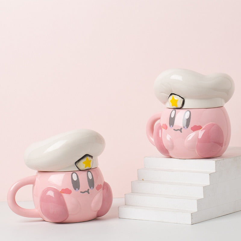 Cute Pink Madou Cartoon Chef Star Ceramic Mug with Lid - Burger & Cheese Options Also Available ☕️