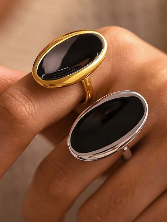 Unique Design Elliptical Open Ring - Gold or Silver with Black Stone