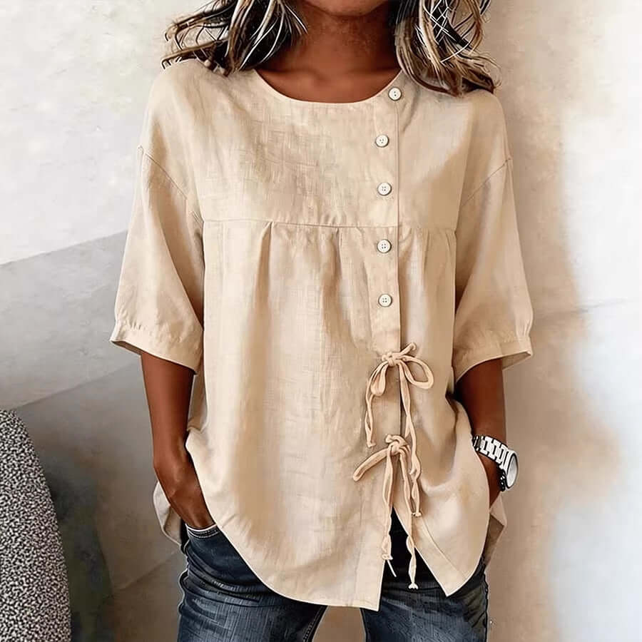 Women's Gorgeous Casual Loose-Fit Shirt with Ties & Button Closure, Round Neck, Mid-Sleeve 🤩