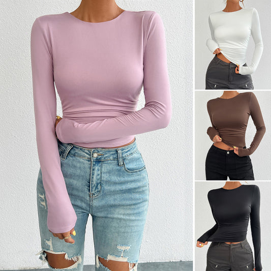 Women's Sexy Slim-fit Top - Casual Round Neck Knitted Long Sleeved with Wide Open Back 🤩