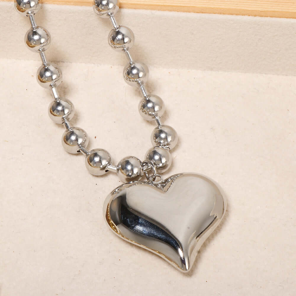 Stainless Steel Bead Chain - 18K Gold Heart Pendant Necklace Geometric Minimalist Hip-Hop Choker