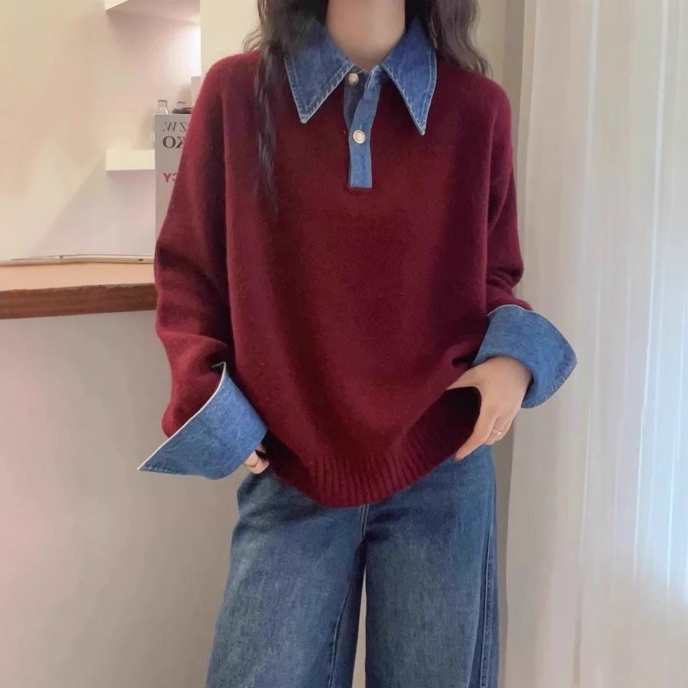 Unique Color Block Denim Patchwork Polo Sweater 😎