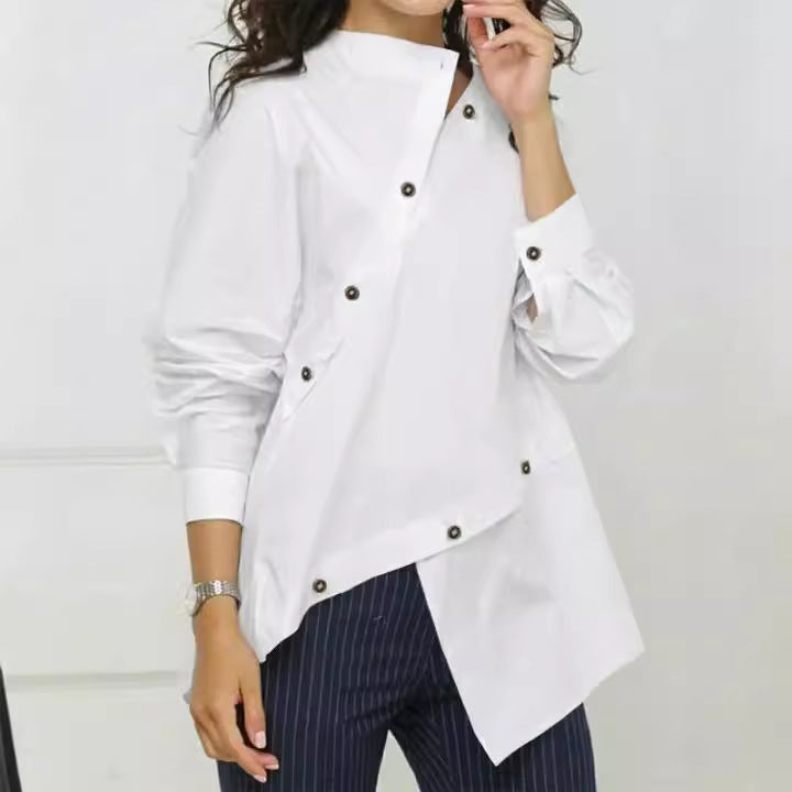 Cross Border Unique Women's Fashion Long Sleeved Shirt - Asymmetrical Buttons & Sloping Collar Top 😎