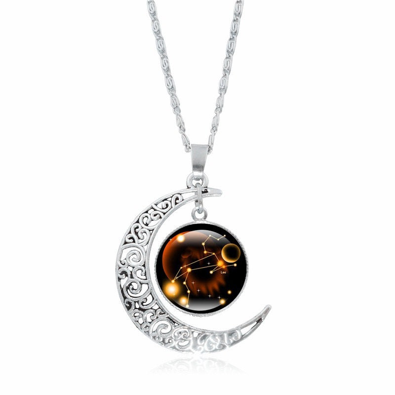 Gorgeous Zodiac Time Gem Luminous Necklace for Women - Simple Silver Moon Pendant Choker Giftable 💝