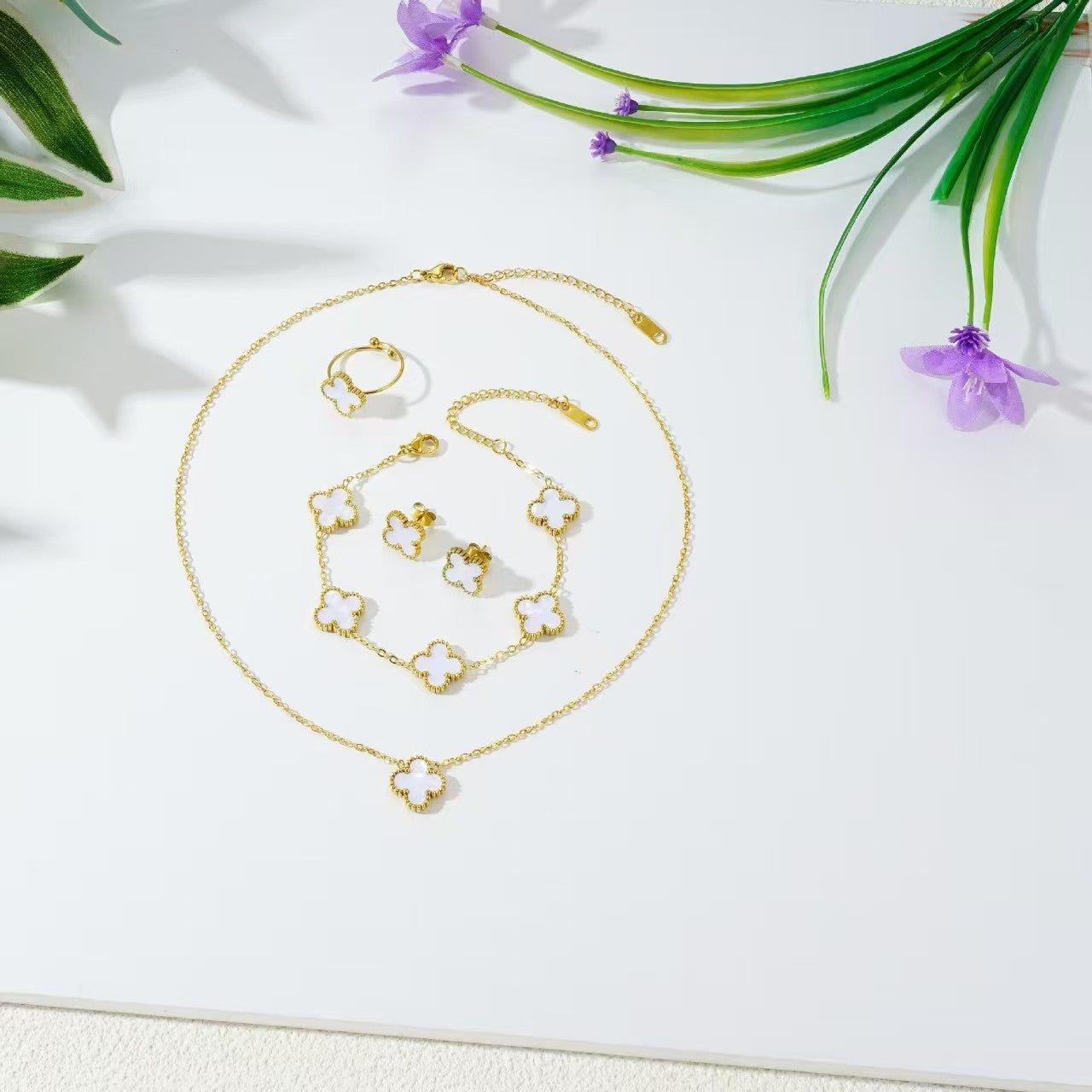 Gorgeous 4pc. Titanium Steel Jewelry SET - Great Value Floral Necklace + Bracelet + Earrings + Ring in Beautiful Colors