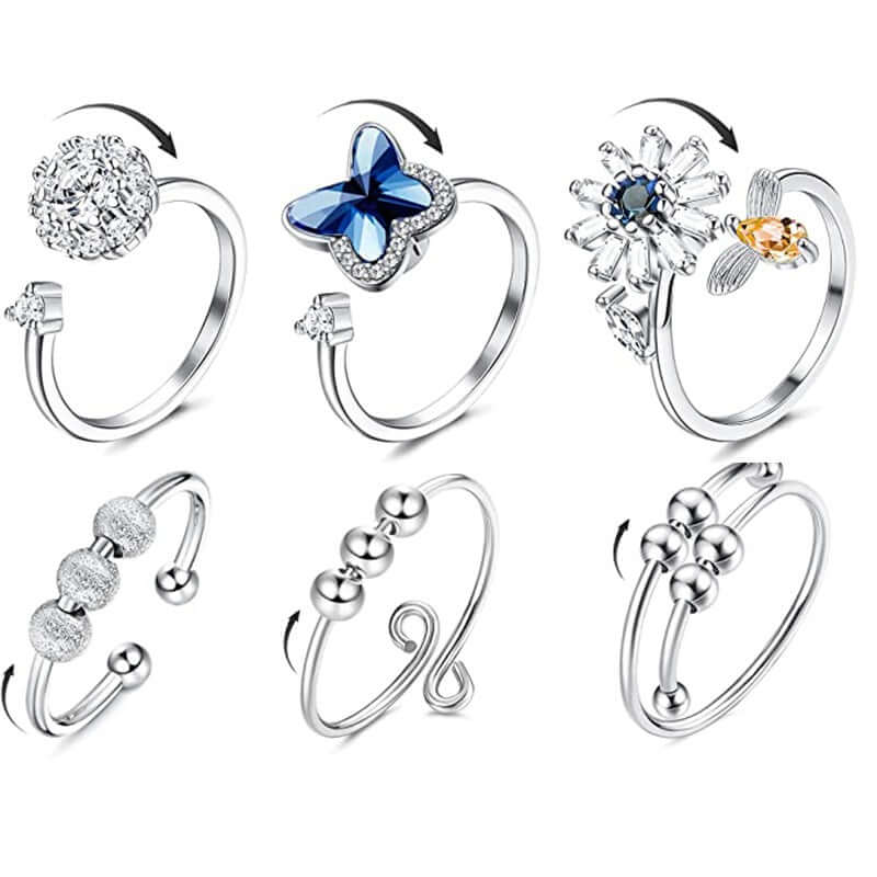 Gorgeous 6 pc. Silver Plated Rings Set - Adjustable Sizing Anxiety Rings 💍 Great Gift ! 🎁