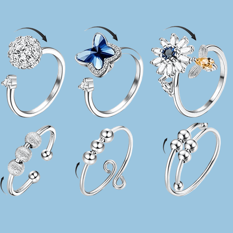 Gorgeous 6 pc. Silver Plated Rings Set - Adjustable Sizing Anxiety Rings 💍 Great Gift ! 🎁