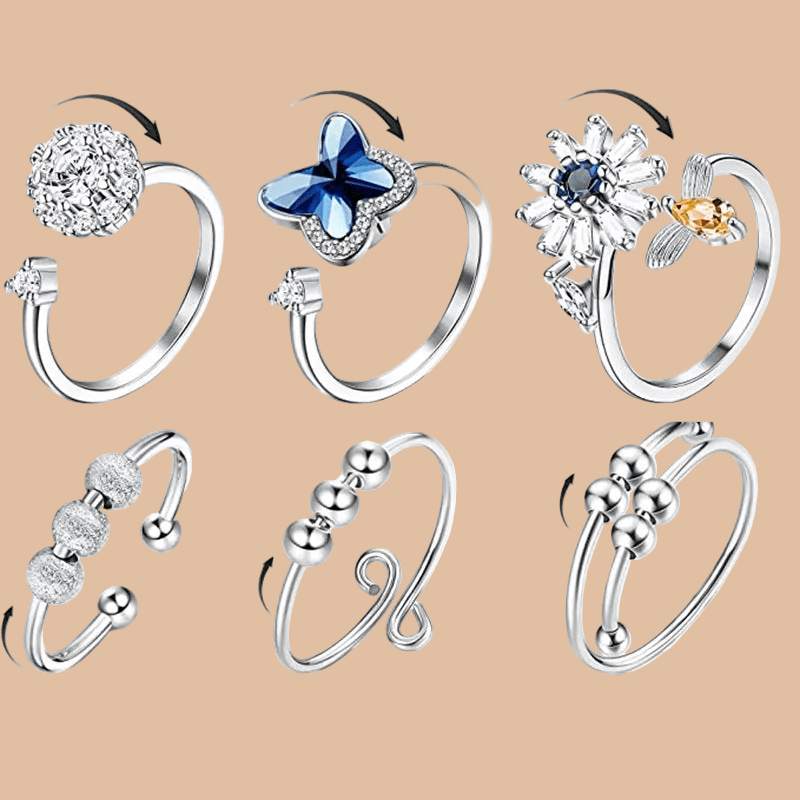 Gorgeous 6 pc. Silver Plated Rings Set - Adjustable Sizing Anxiety Rings 💍 Great Gift ! 🎁