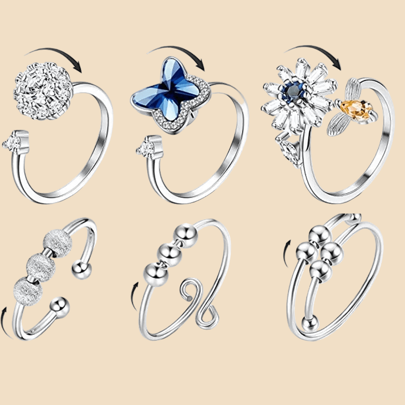 Gorgeous 6 pc. Silver Plated Rings Set - Adjustable Sizing Anxiety Rings 💍 Great Gift ! 🎁