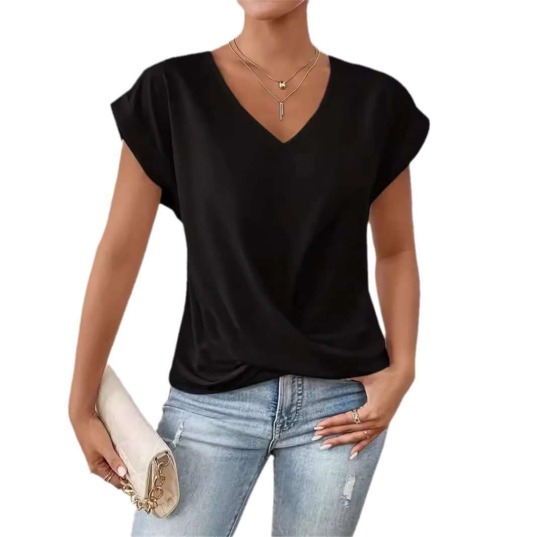 Women's Sleek Pleated V-neck T-shirt in a Multitude of Gorgeous Color Options 🌈 🤩
