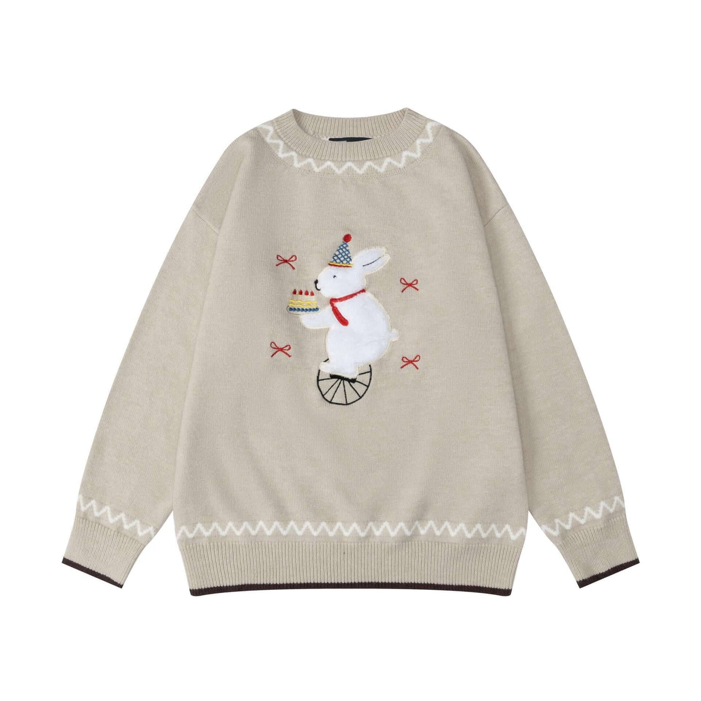 Women's Casual Round Neck Sweater - Vintage Cute Rabbit Plush 🐰 Embroidered