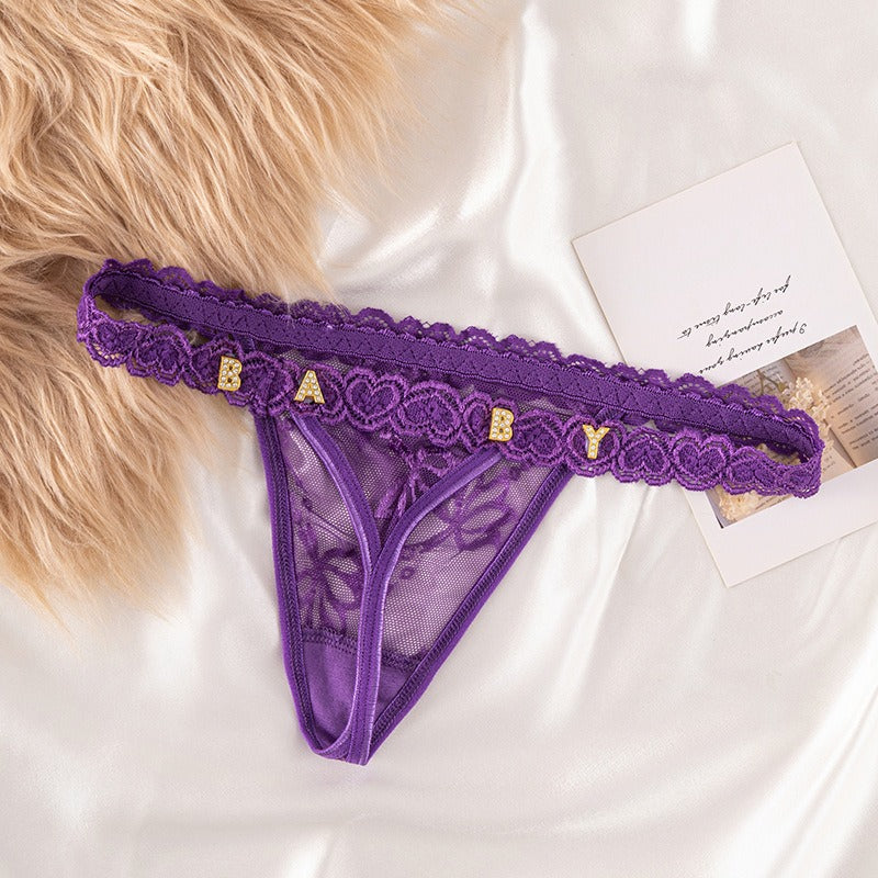 Women's Colorful Sexy DIY Metal Rhinestone Letter Thong - Provocative and Playful Lace Panties 🌈