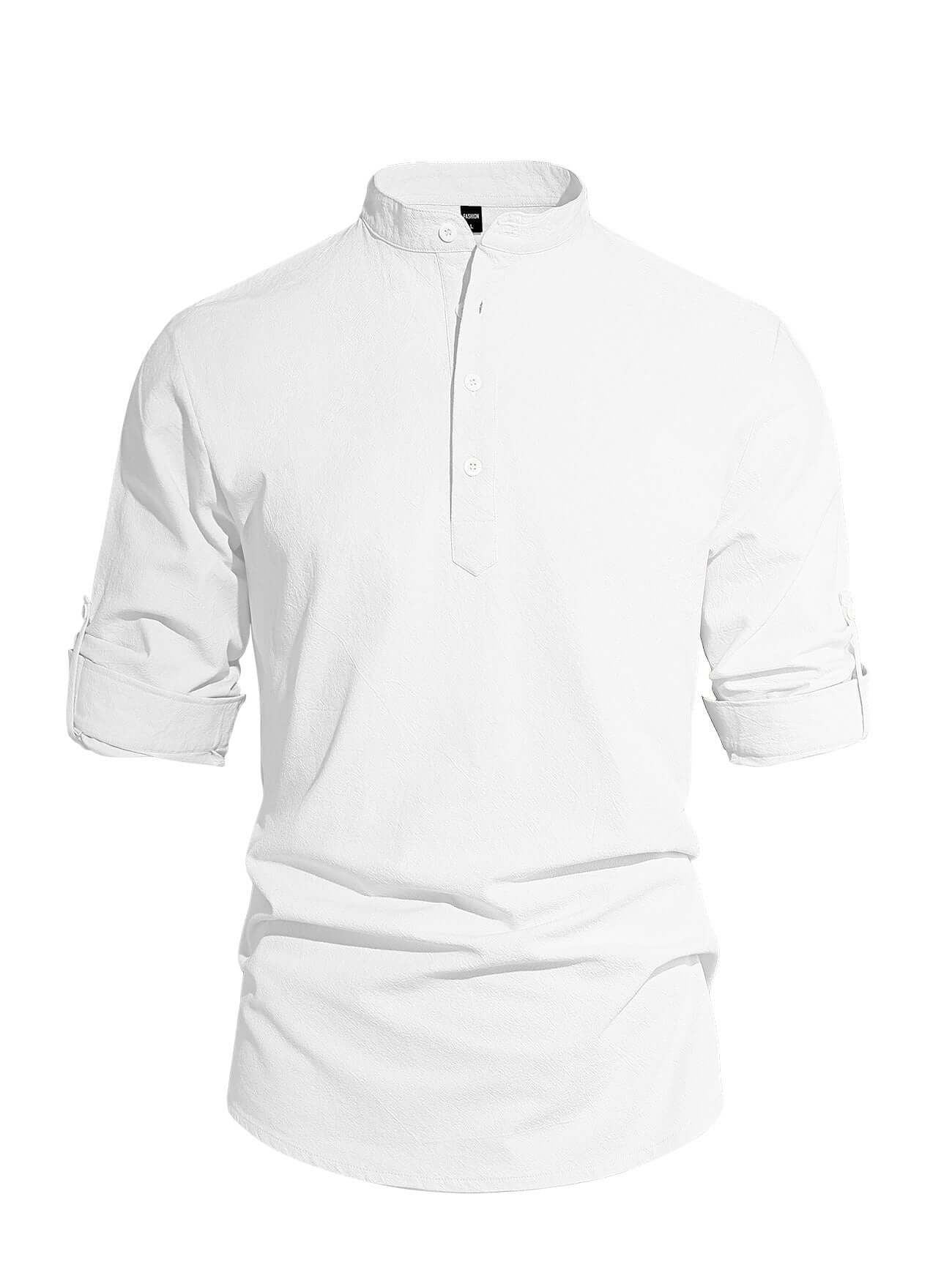 Men's Trendy All Seasons Shirt - Lightweight Solid Cotton Linen, Henley Collar Button-Up Long Sleeve