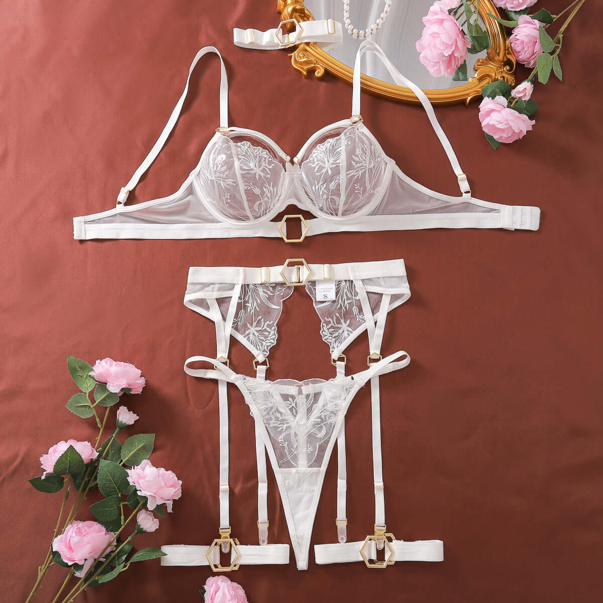 Popular Sexy 5 pc. Lingerie Set with Metal Buckles in Provocative Red or White 👙