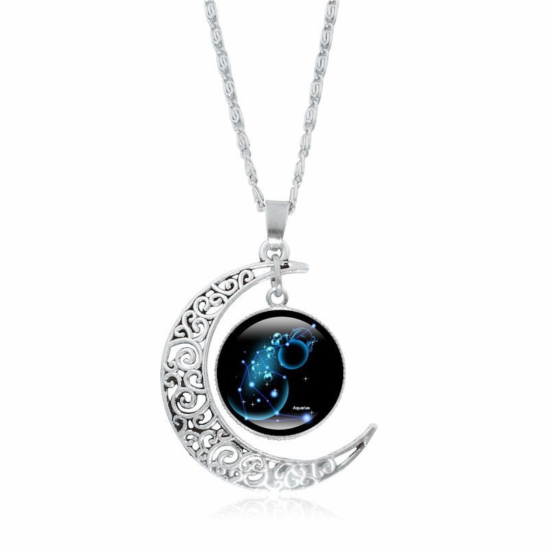Gorgeous Zodiac Time Gem Luminous Necklace for Women - Simple Silver Moon Pendant Choker Giftable 💝