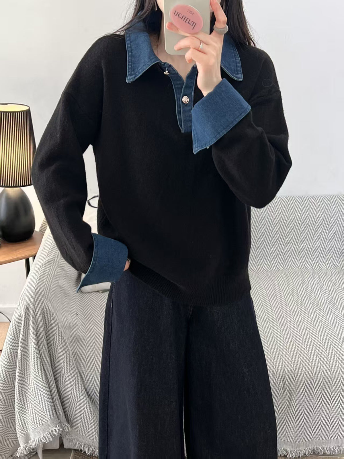 Unique Color Block Denim Patchwork Polo Sweater 😎