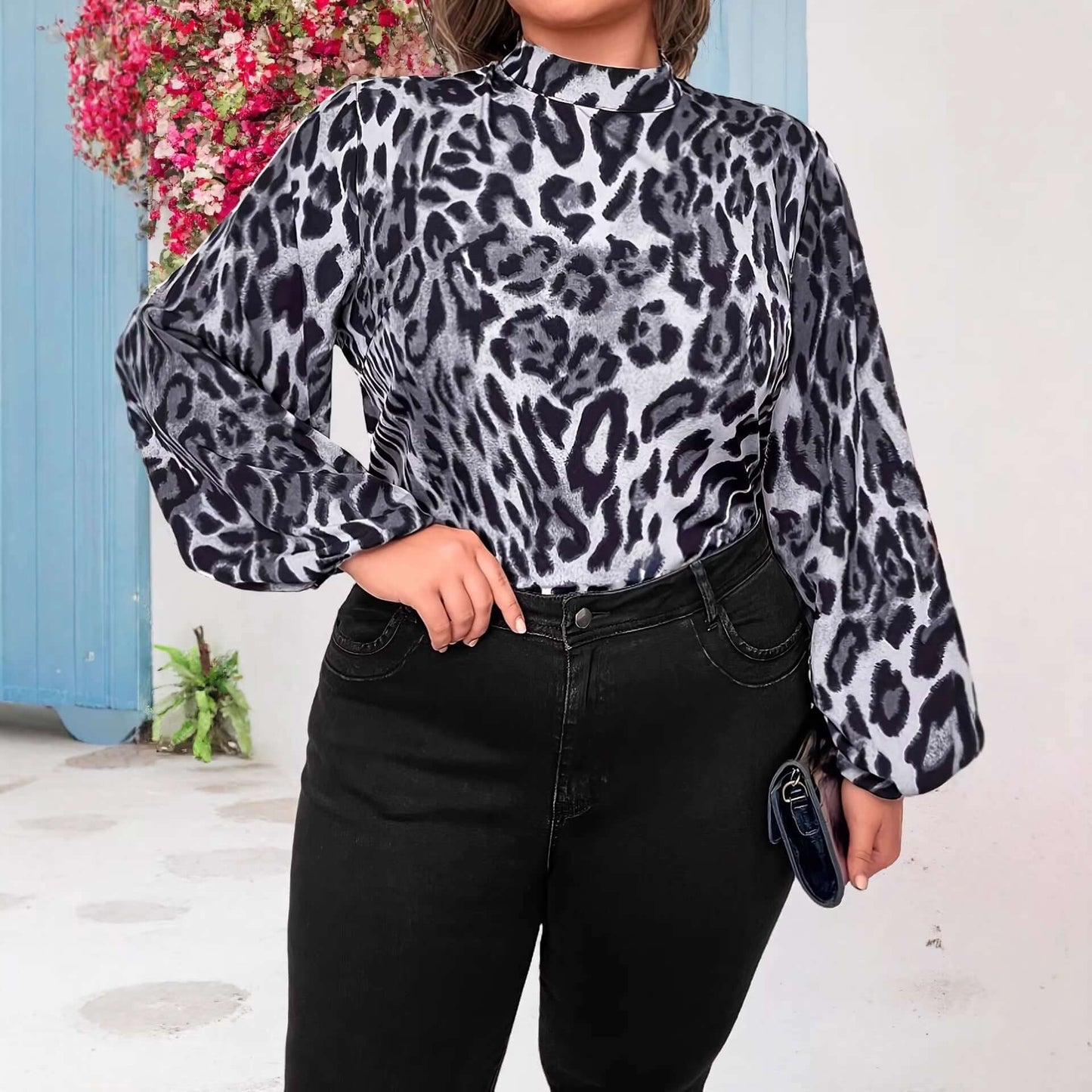 Always Popular Women's Leopard Print Pullover Top - Standing Collar Lantern Long Sleeved 🥇