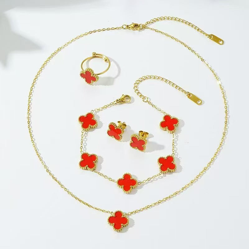 Gorgeous 4pc. Titanium Steel Jewelry SET - Great Value Floral Necklace + Bracelet + Earrings + Ring in Beautiful Colors