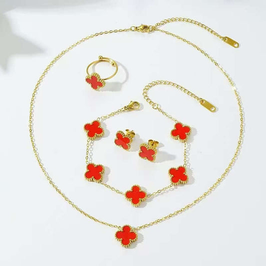 Gorgeous 4pc. Titanium Steel Jewelry SET - Great Value Floral Necklace + Bracelet + Earrings + Ring in Beautiful Colors