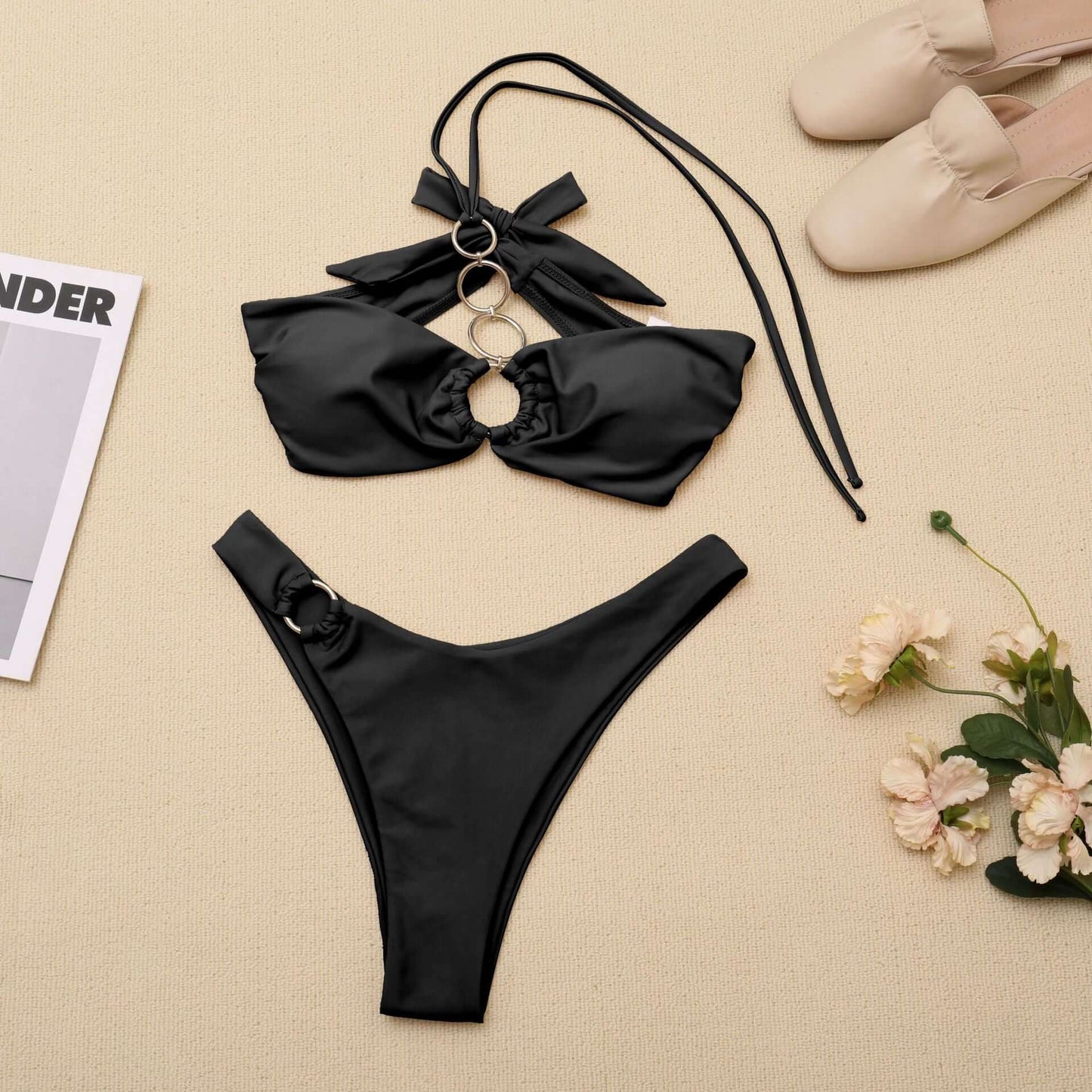 Sexy Solid Bikini in Beige or Black - 4 Steel Ring Top with High Elasticity 👙 Beach Ready ! ⛱️