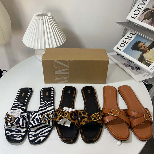 Women's French Pump Slipper Flats - Animal Print & Solid Brown