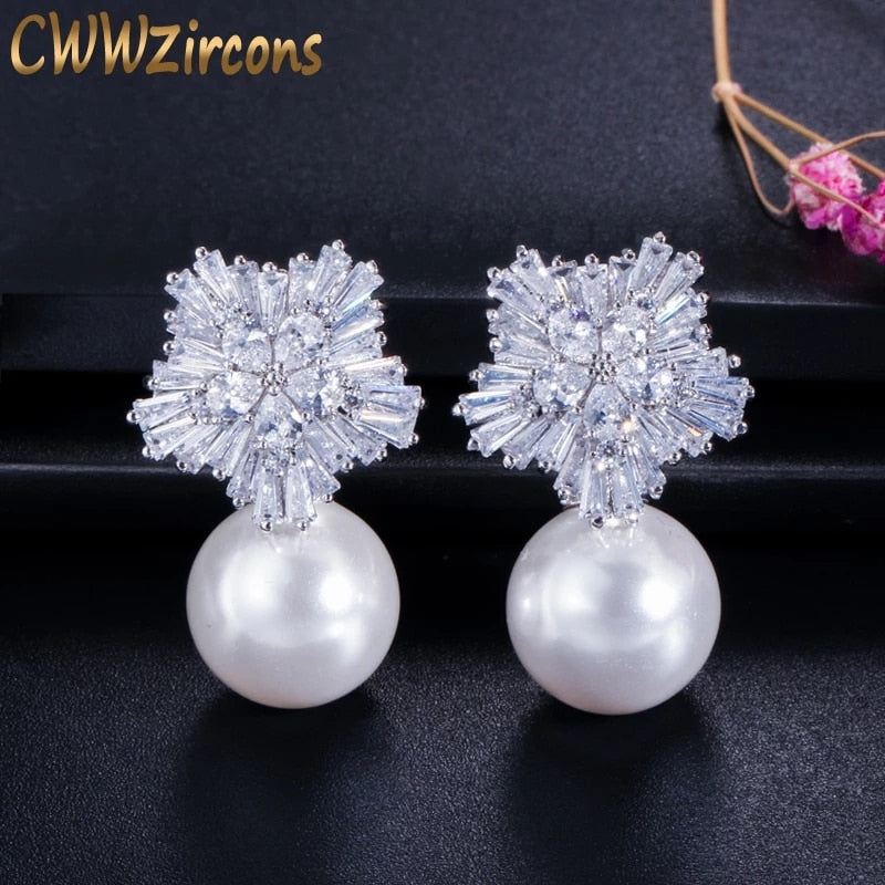 CWWZircons 2022 New Arrival Snow Flower Design Women Big Drop White Pearl Earrings with Cubic Zirconia Christmas Gift  CZ069