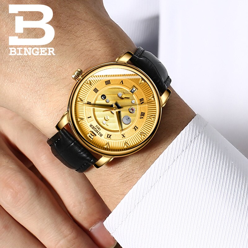 Famous Brand Watch BINGER Automatic Watches Men Luxury Brand Gold mechanical Wristwatch Leather Starp Christmas Gift Clock