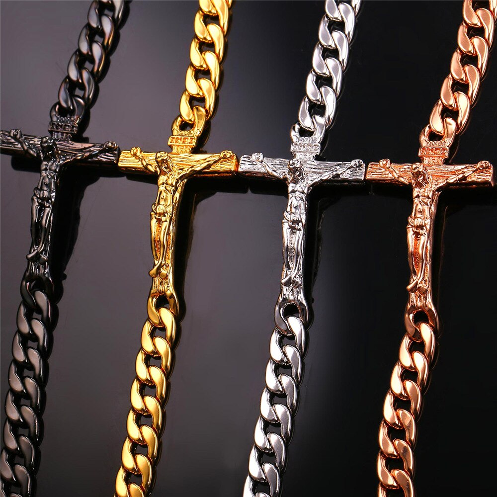 U7 Cross Bracelet Men Jewelry silver/Gold Color 21CM INRI Crucifix Jesus Piece Cuban Link Hand Chain Bangle Christmas Gift H894