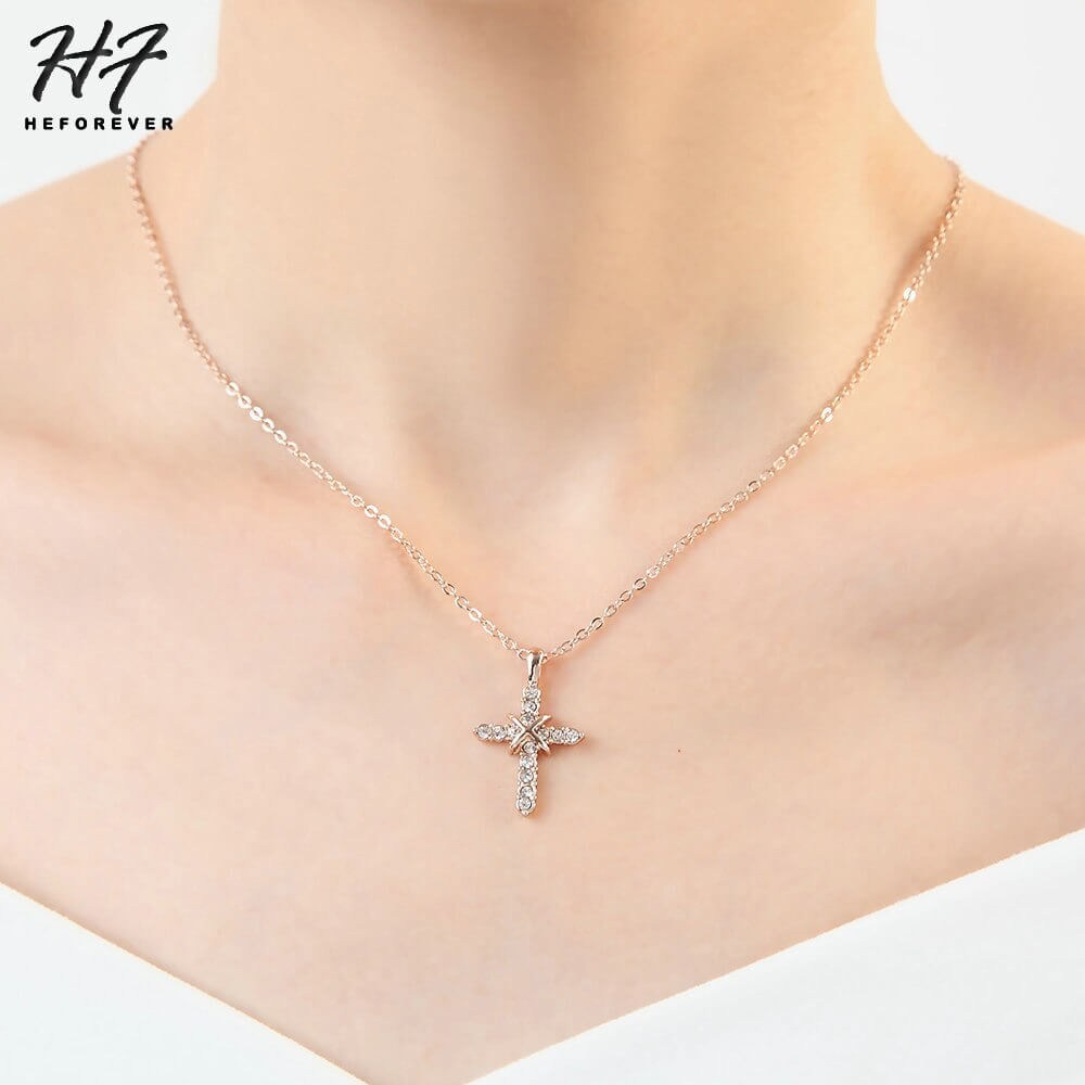 Fashion Cross Necklace | Rose Gold Color Pendant-Cubic Zirconia