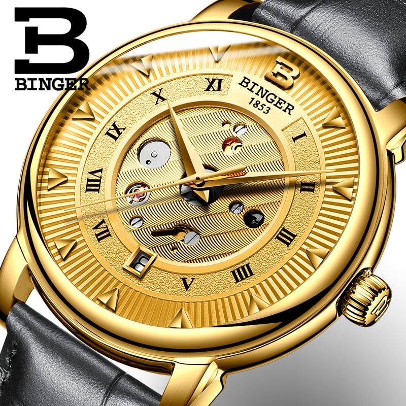 Famous Brand Watch BINGER Automatic Watches Men Luxury Brand Gold mechanical Wristwatch Leather Starp Christmas Gift Clock