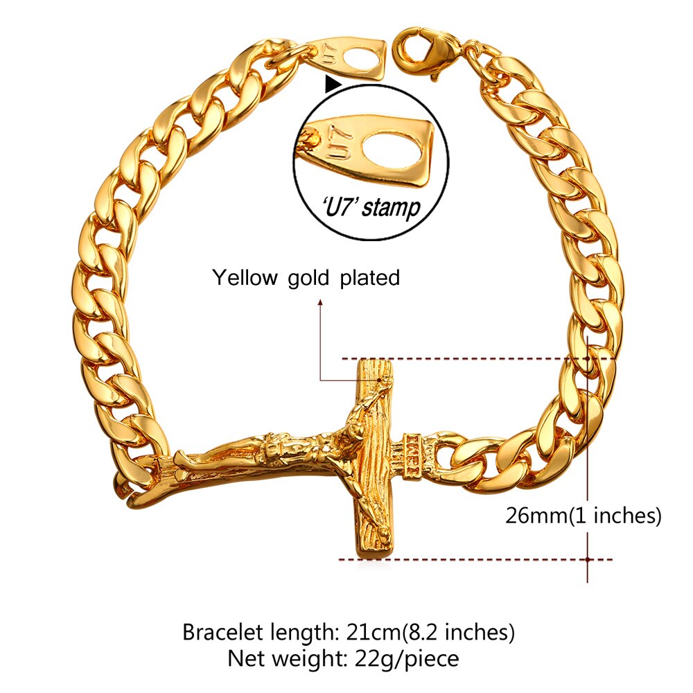 U7 Cross Bracelet Men Jewelry silver/Gold Color 21CM INRI Crucifix Jesus Piece Cuban Link Hand Chain Bangle Christmas Gift H894