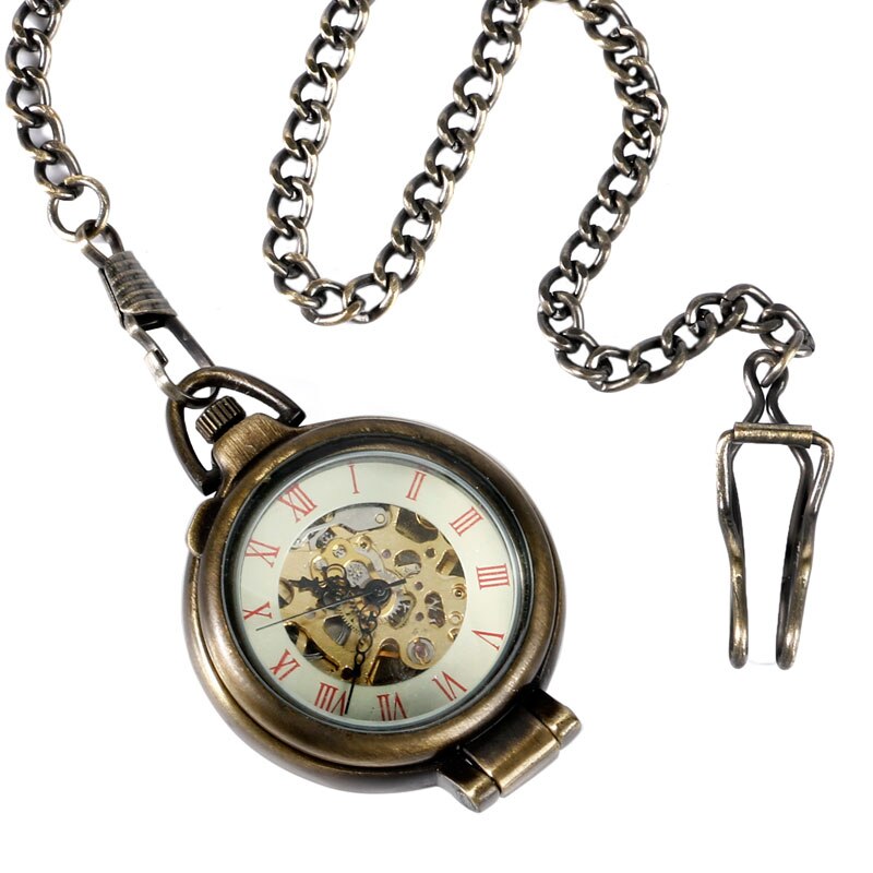 Hand Wind Mechanical Pocket Watch Cool 180 degrees Open Case Transparent Glass Cover Roman Numbers Unisex Chain Christmas Gifts