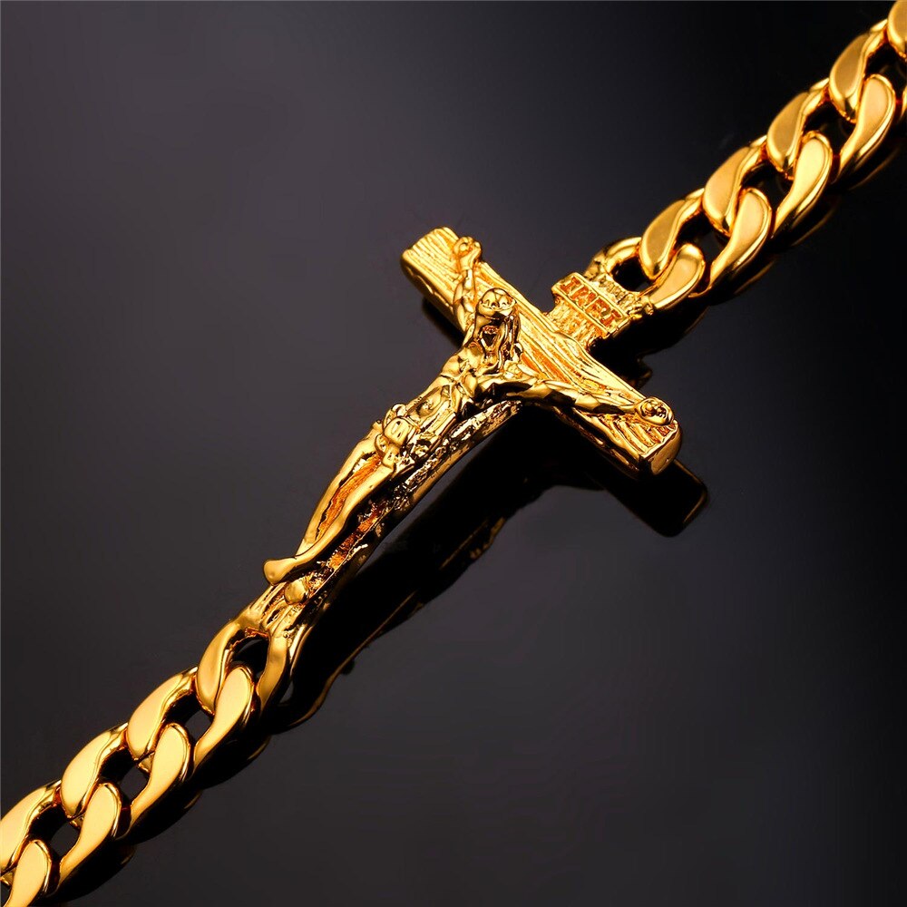 U7 Cross Bracelet Men Jewelry silver/Gold Color 21CM INRI Crucifix Jesus Piece Cuban Link Hand Chain Bangle Christmas Gift H894