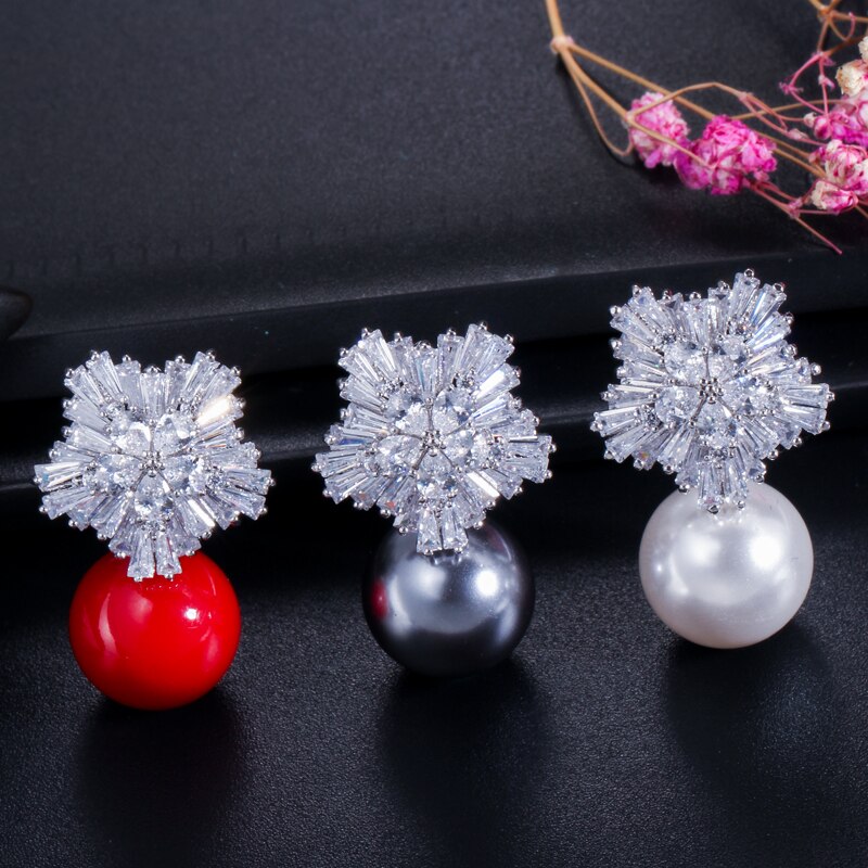 CWWZircons 2022 New Arrival Snow Flower Design Women Big Drop White Pearl Earrings with Cubic Zirconia Christmas Gift  CZ069