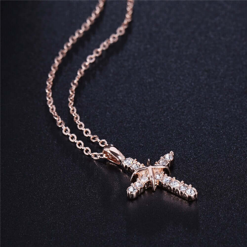 Fashion Cross Necklace | Rose Gold Color Pendant-Cubic Zirconia