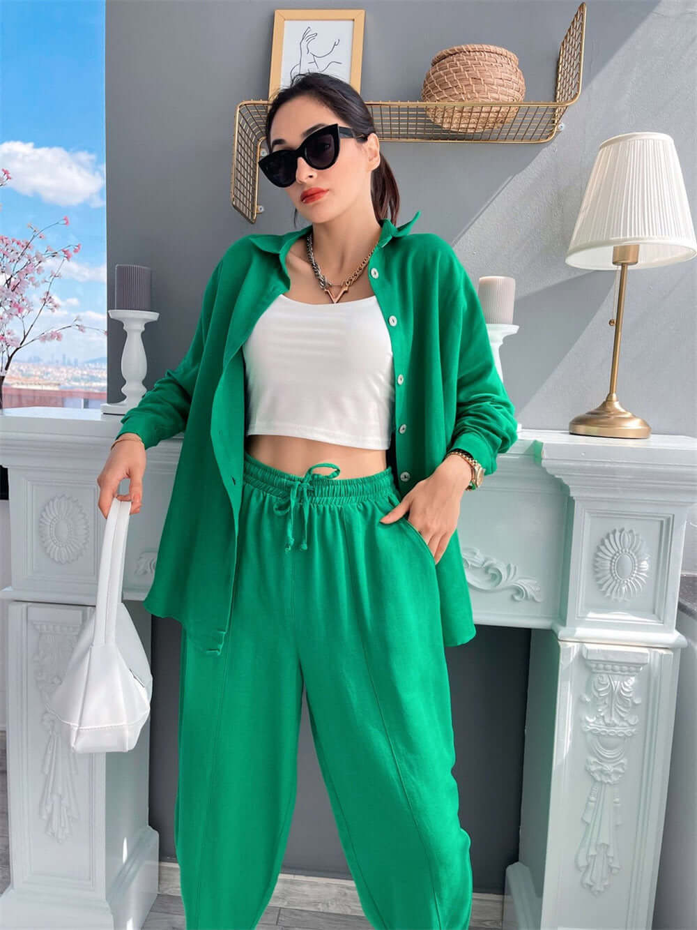 Fashion trendy colorful casual suit long-sleeved shirt harem pants 2 Pc. set