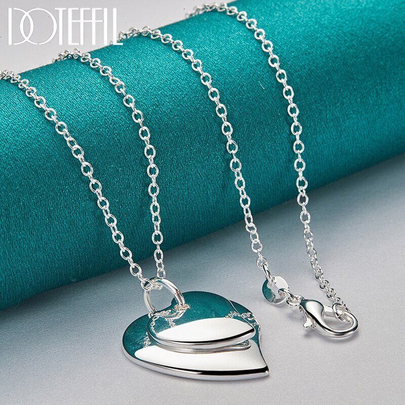 DOTEFFIL 925 Sterling Silver 18 Inch Chain Double Heart Pendant Necklace For Women Wedding Fashion Charm Jewelry Christmas Gifts