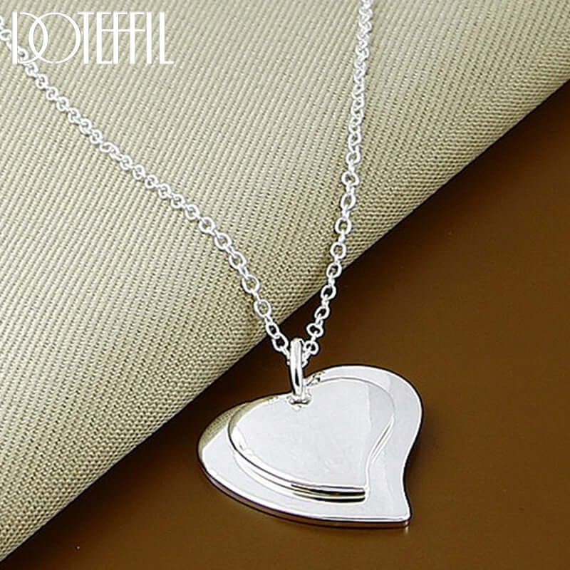 DOTEFFIL 925 Sterling Silver 18 Inch Chain Double Heart Pendant Necklace For Women Wedding Fashion Charm Jewelry Christmas Gifts