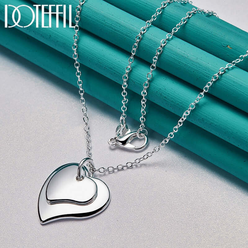 DOTEFFIL 925 Sterling Silver 18 Inch Chain Double Heart Pendant Necklace For Women Wedding Fashion Charm Jewelry Christmas Gifts