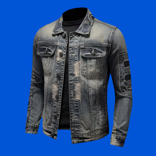 Distressed Men's Denim Coat - Retro Streetwear Stylings