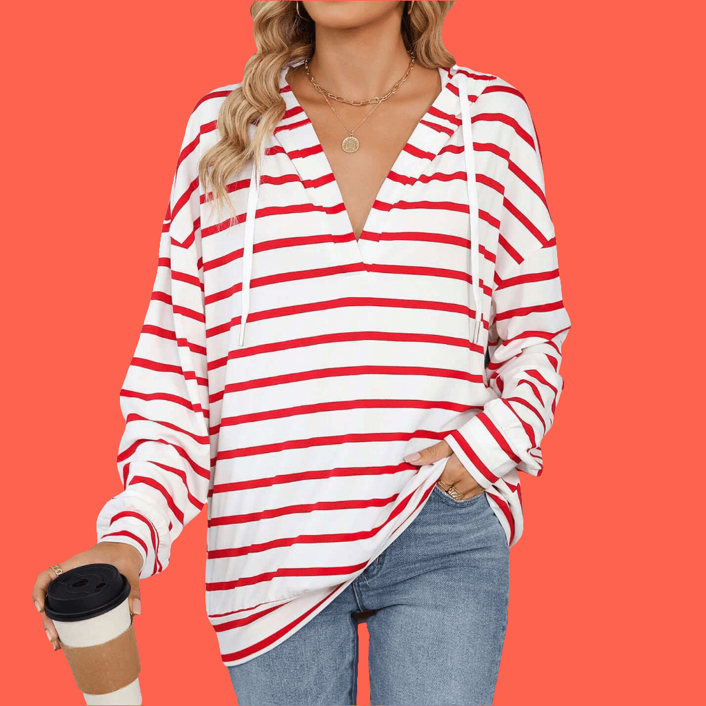 Hoodie w/ Drawstrings-Striped Long Sleeve Sweatshirt