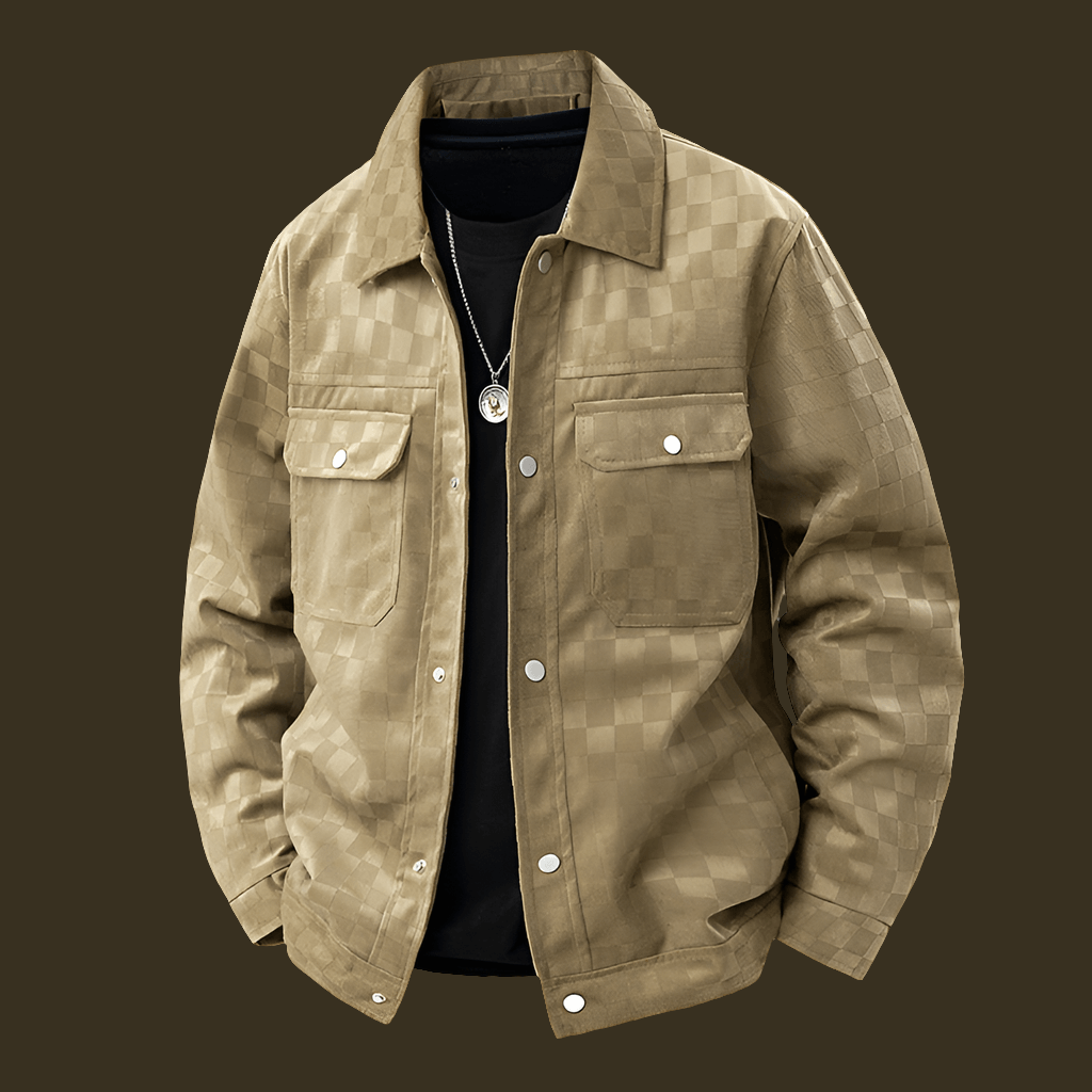 Hip Retro Suede Chessboard Pattern Collared Jacket - Men's Cool Weather Seasonal Must Have