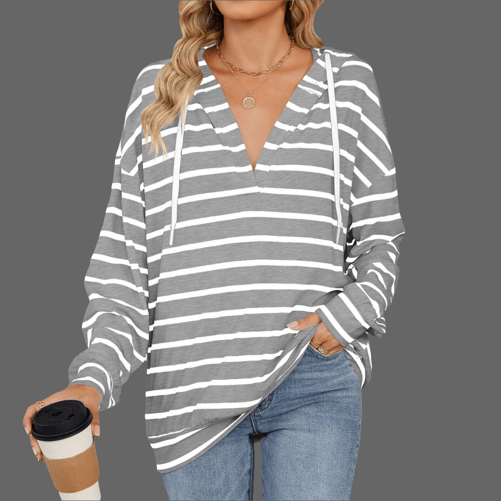 Hoodie w/ Drawstrings-Striped Long Sleeve Sweatshirt