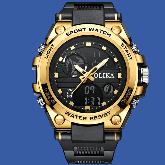 Men's Quartz Dual Display Waterproof Watch - Outdoor Sports Timing Multifunctional + Shock Resistant