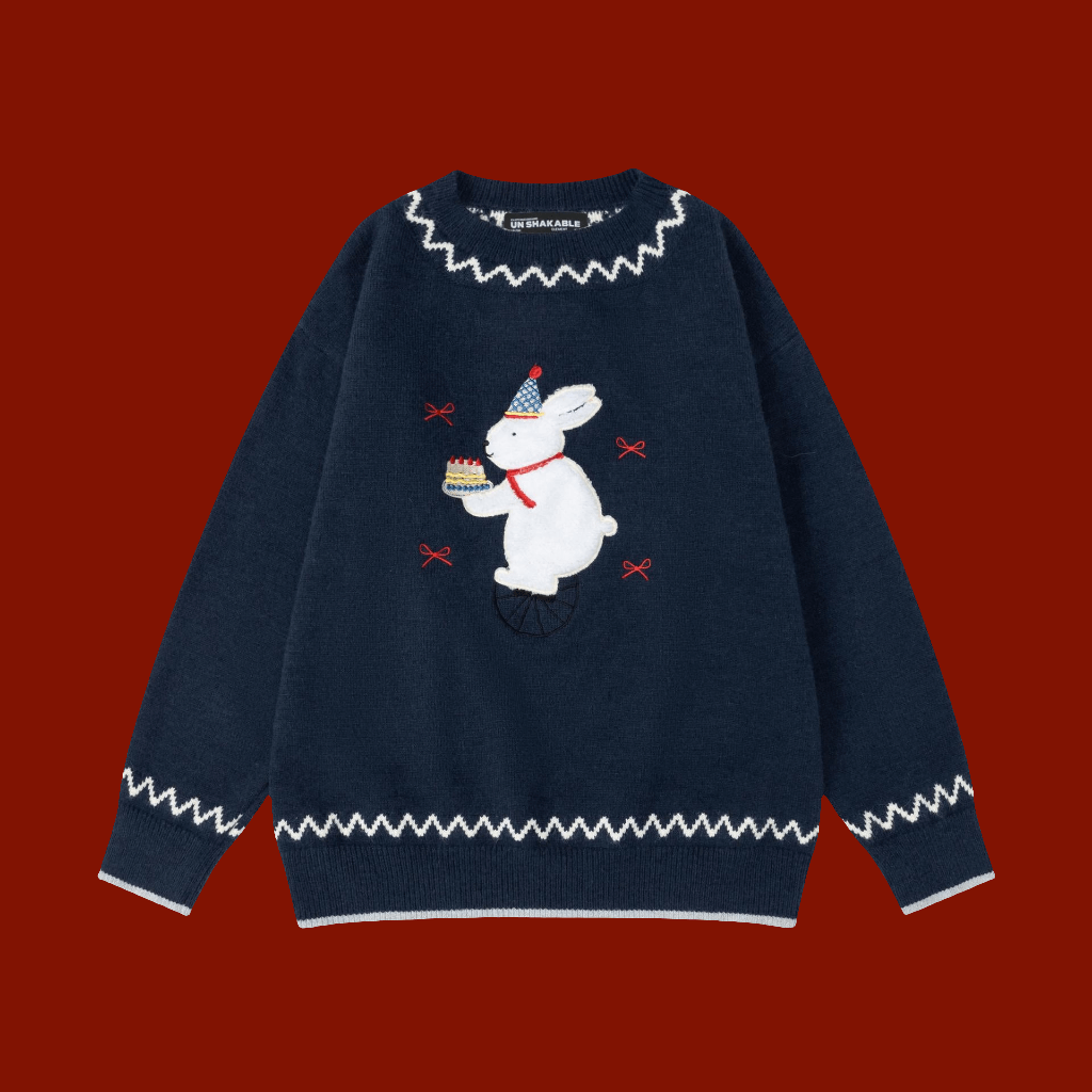 Women's Casual Round Neck Sweater - Vintage Cute Rabbit Plush 🐰 Embroidered