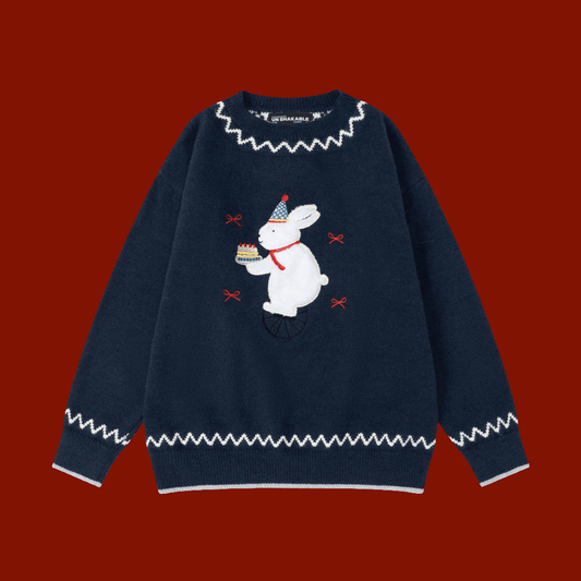 Women's Casual Round Neck Sweater - Vintage Cute Rabbit Plush 🐰 Embroidered